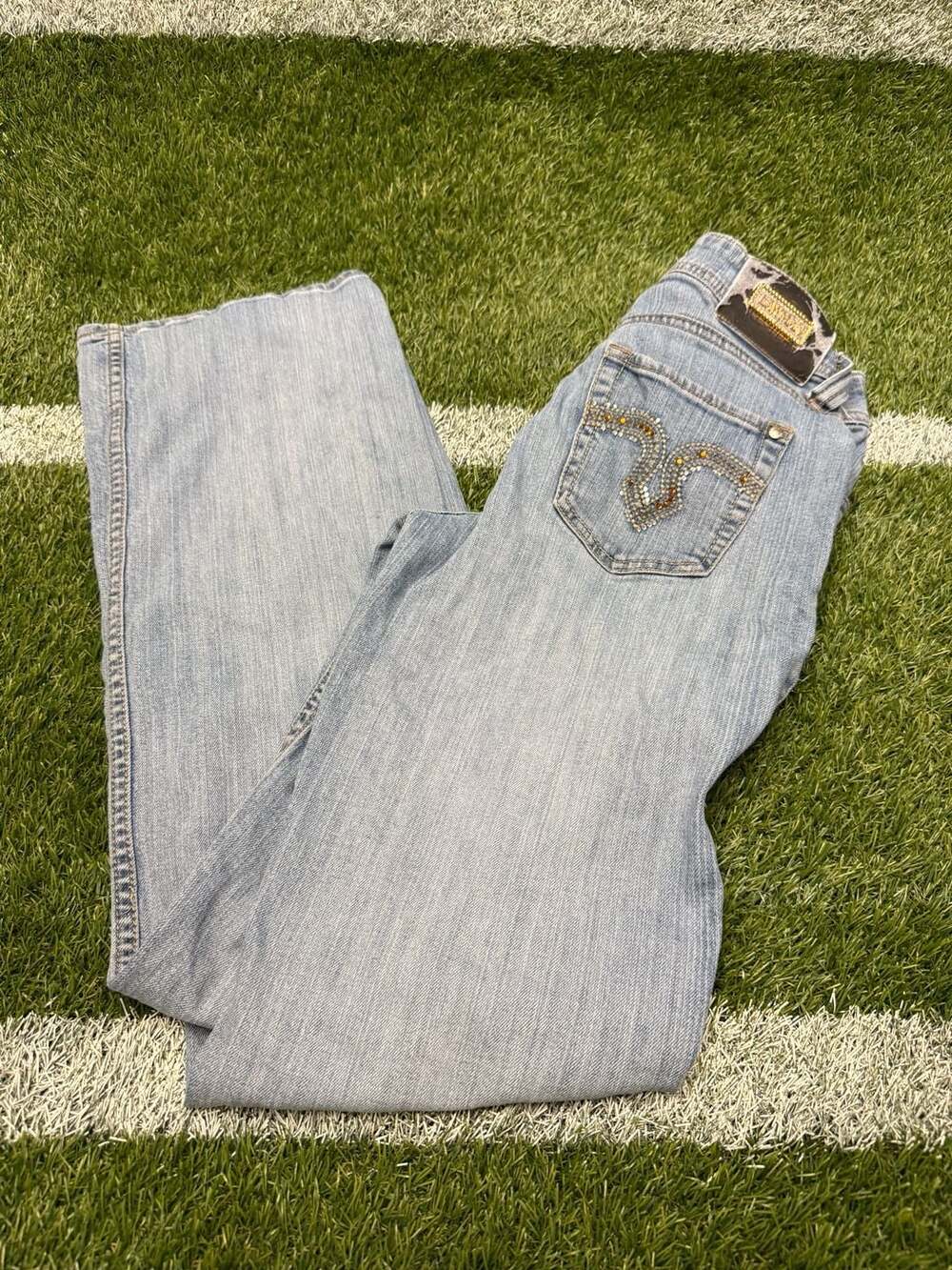 Lawman Western Light Wash Denim Flare Jeans with Rhinestone Back Pockets